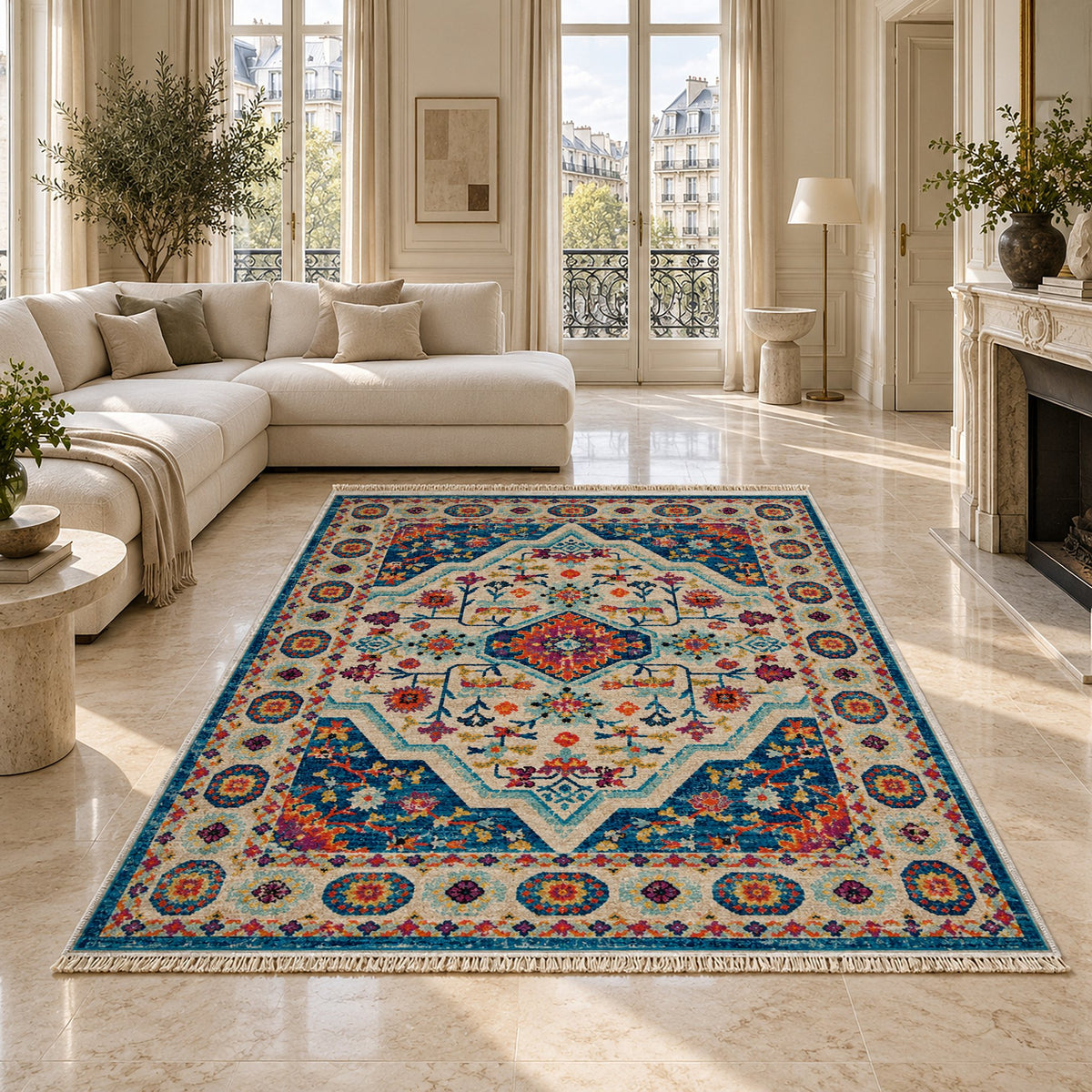 Vintage Medallion 7657 Sapphire washable rug on a marble floor