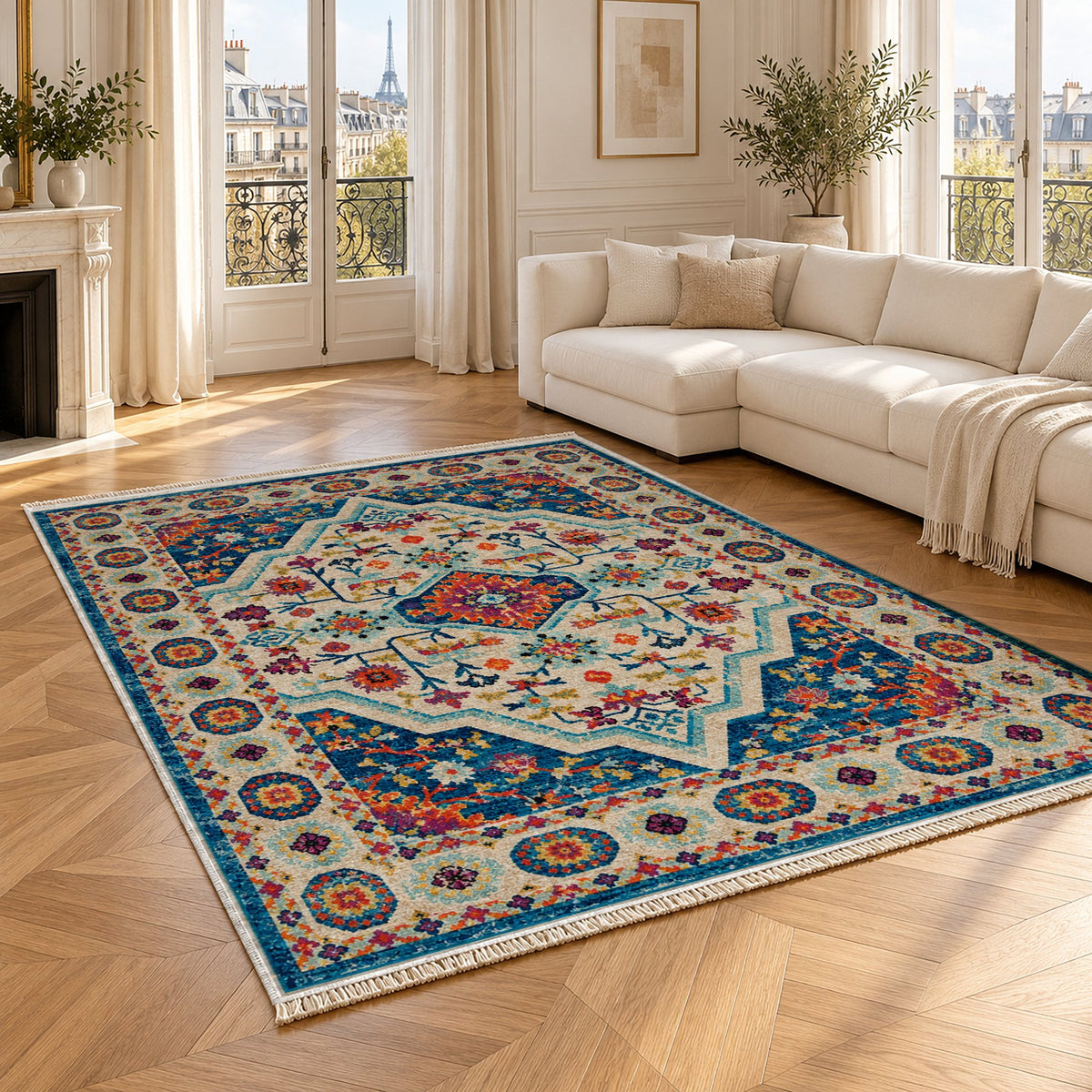 Vintage Medallion 7657 Sapphire washable rug angled room view