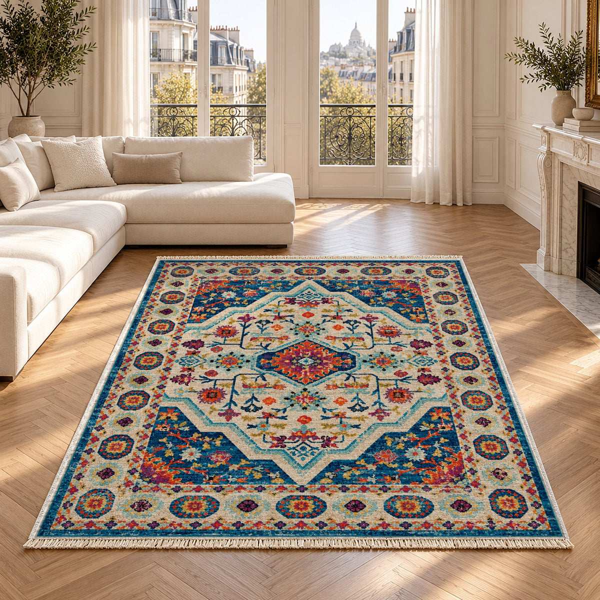 Vintage Medallion 7657 Sapphire washable rug in a Paris living room