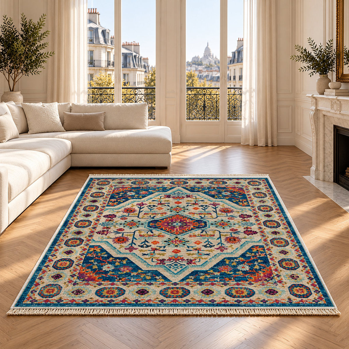 Vintage Medallion 7657 Sapphire washable rug on an oak floor