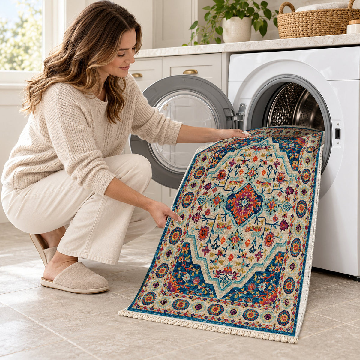 Vintage Medallion 7657 Sapphire washable rug being loaded into a washing machine