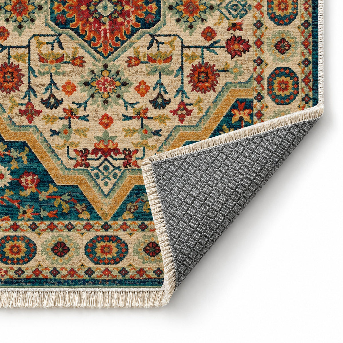 Vintage Medallion 7657 Terracotta washable rug folded corner showing the backing