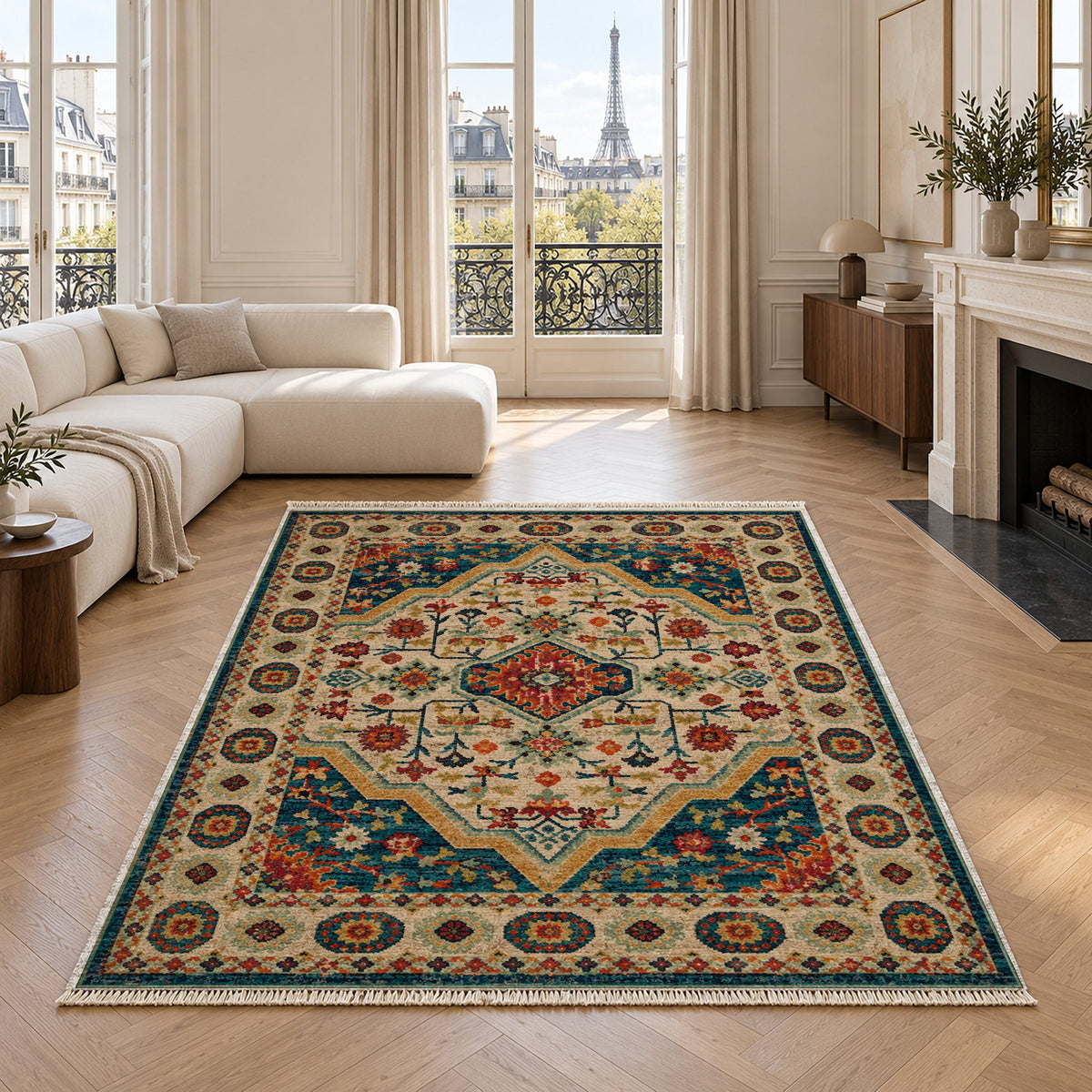 Vintage Medallion 7657 Terracotta washable rug in a living room with an Eiffel Tower view