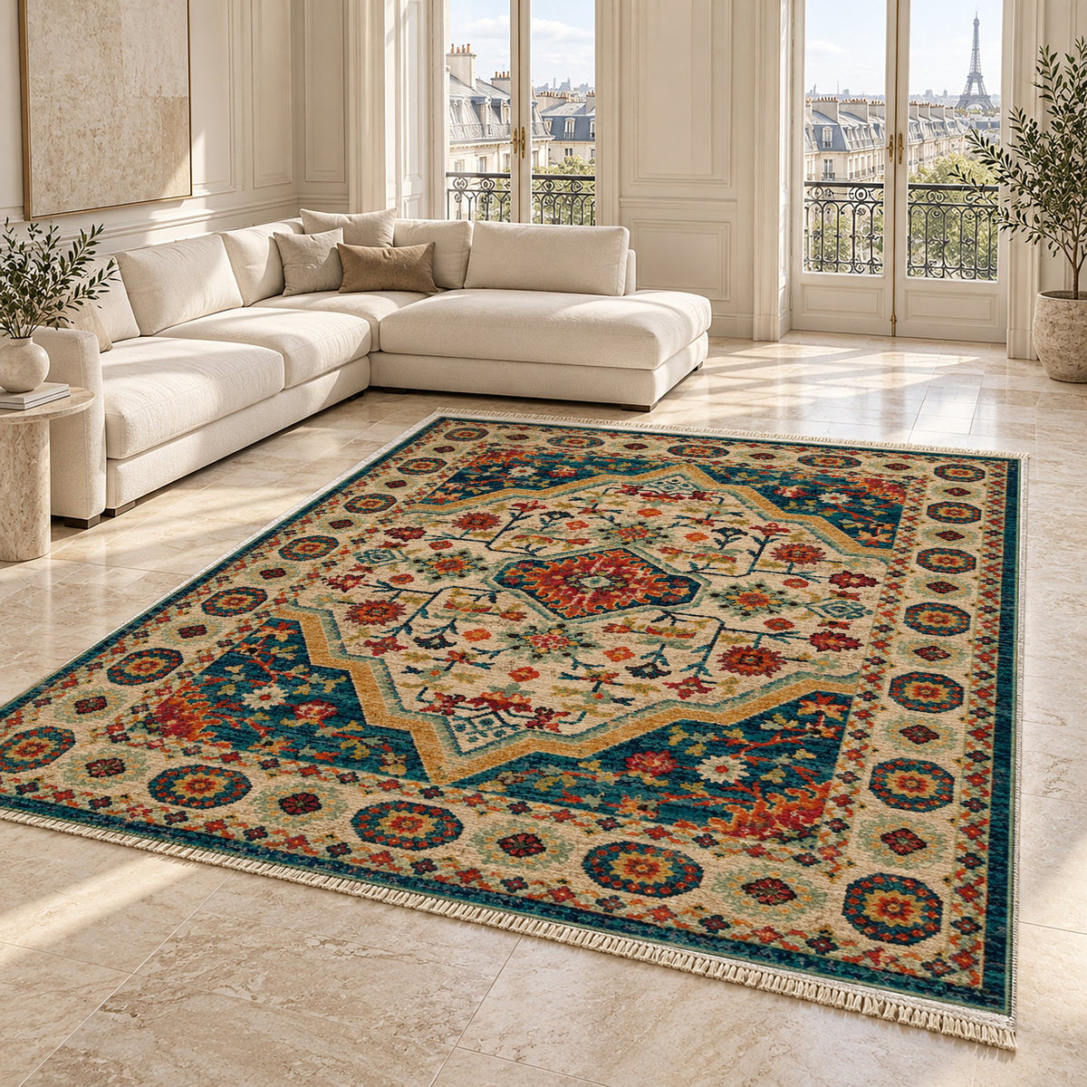 Vintage Medallion 7657 Terracotta washable rug angled room view on marble