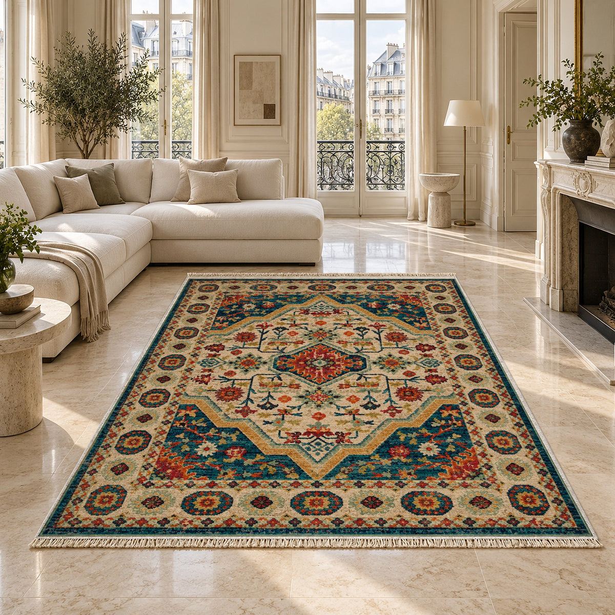 Vintage Medallion 7657 Terracotta washable rug on a marble floor