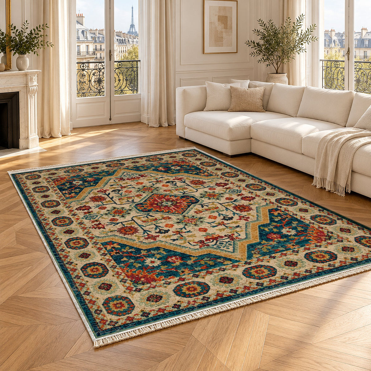 Vintage Medallion 7657 Terracotta washable rug angled room view