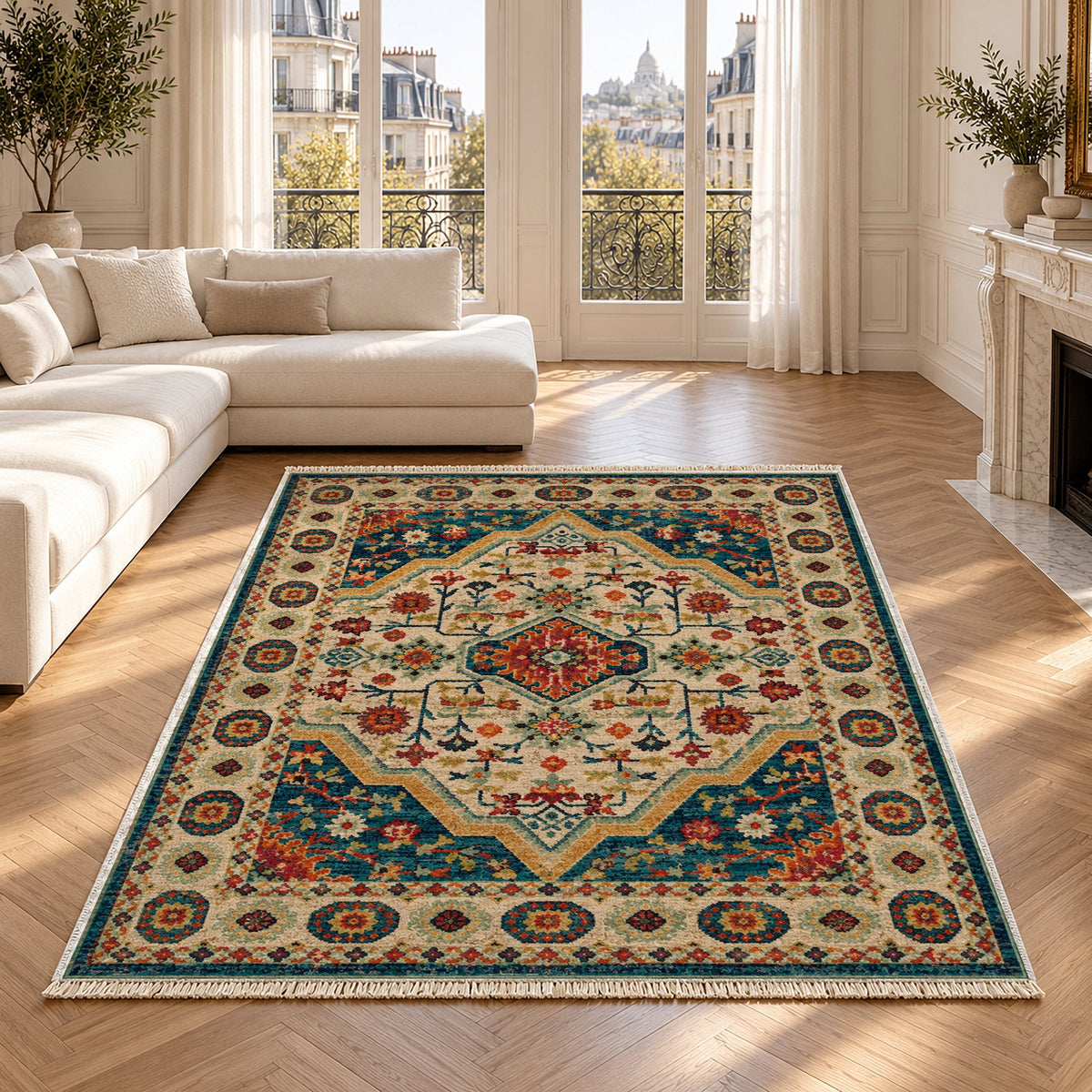 Vintage Medallion 7657 Terracotta washable rug in a Paris living room