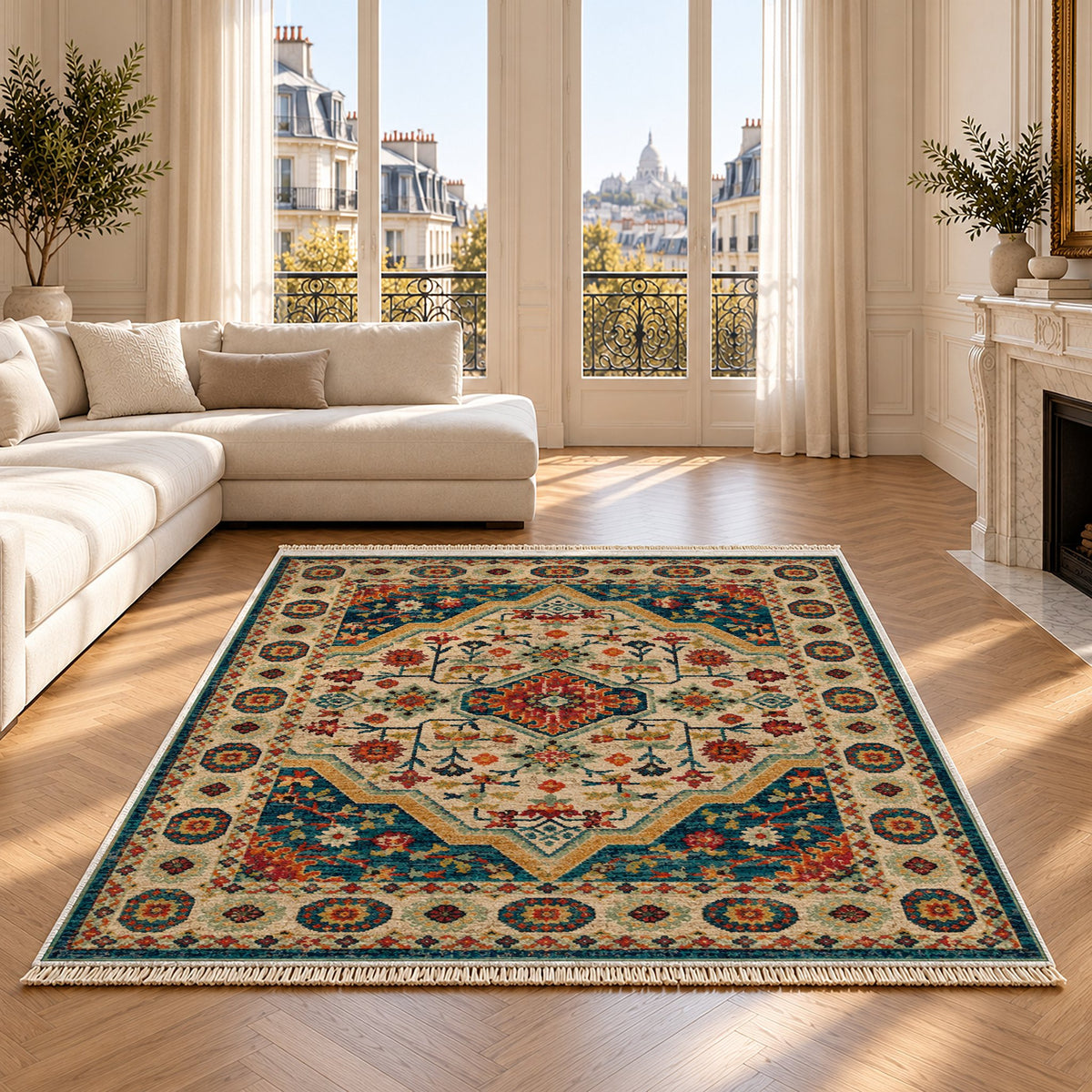 Vintage Medallion 7657 Terracotta washable rug on an oak floor