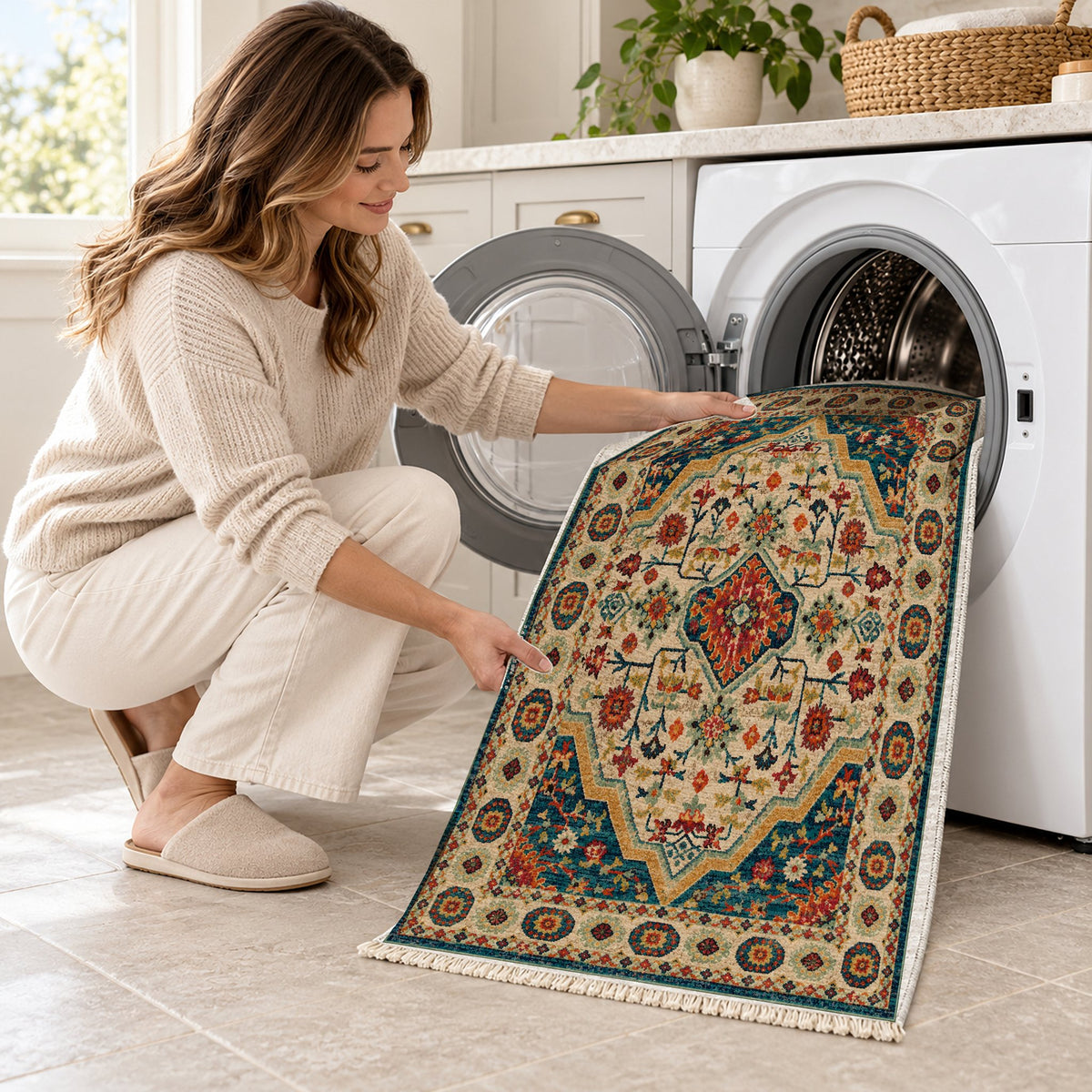 Vintage Medallion 7657 Terracotta washable rug being loaded into a washing machine