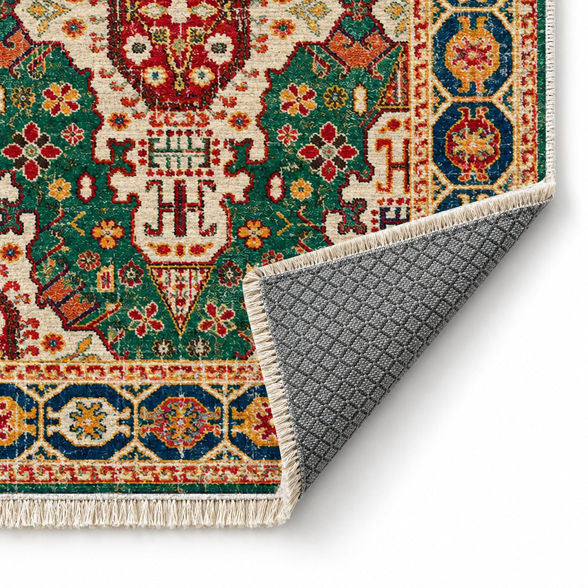 Vintage Medallion 7664 Emerald washable rug folded corner showing the backing
