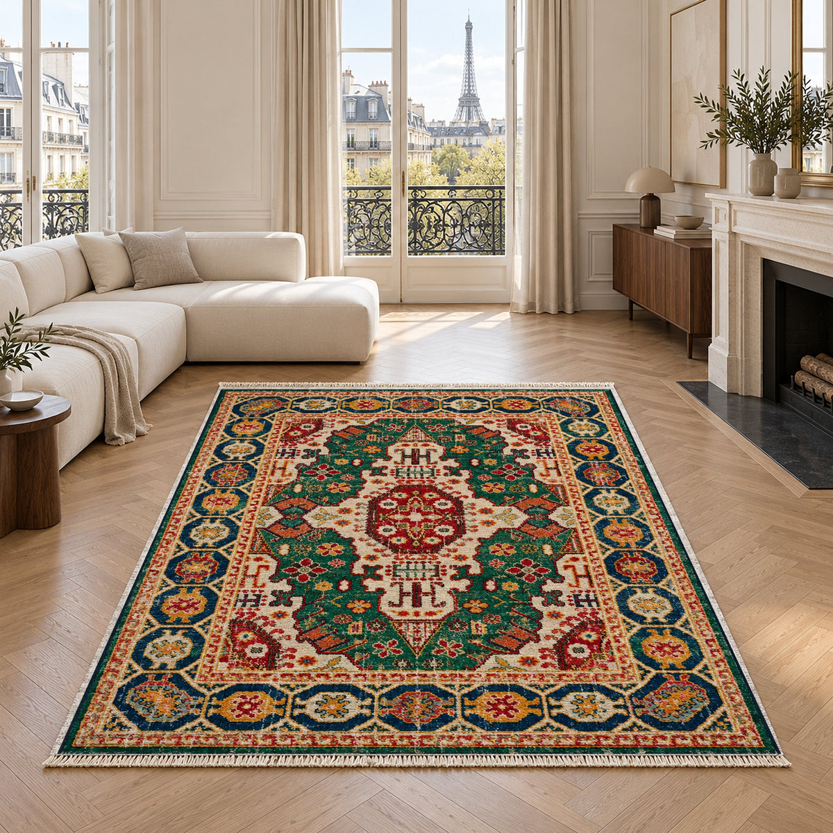 Vintage Medallion 7664 Emerald washable rug in a living room with an Eiffel Tower view