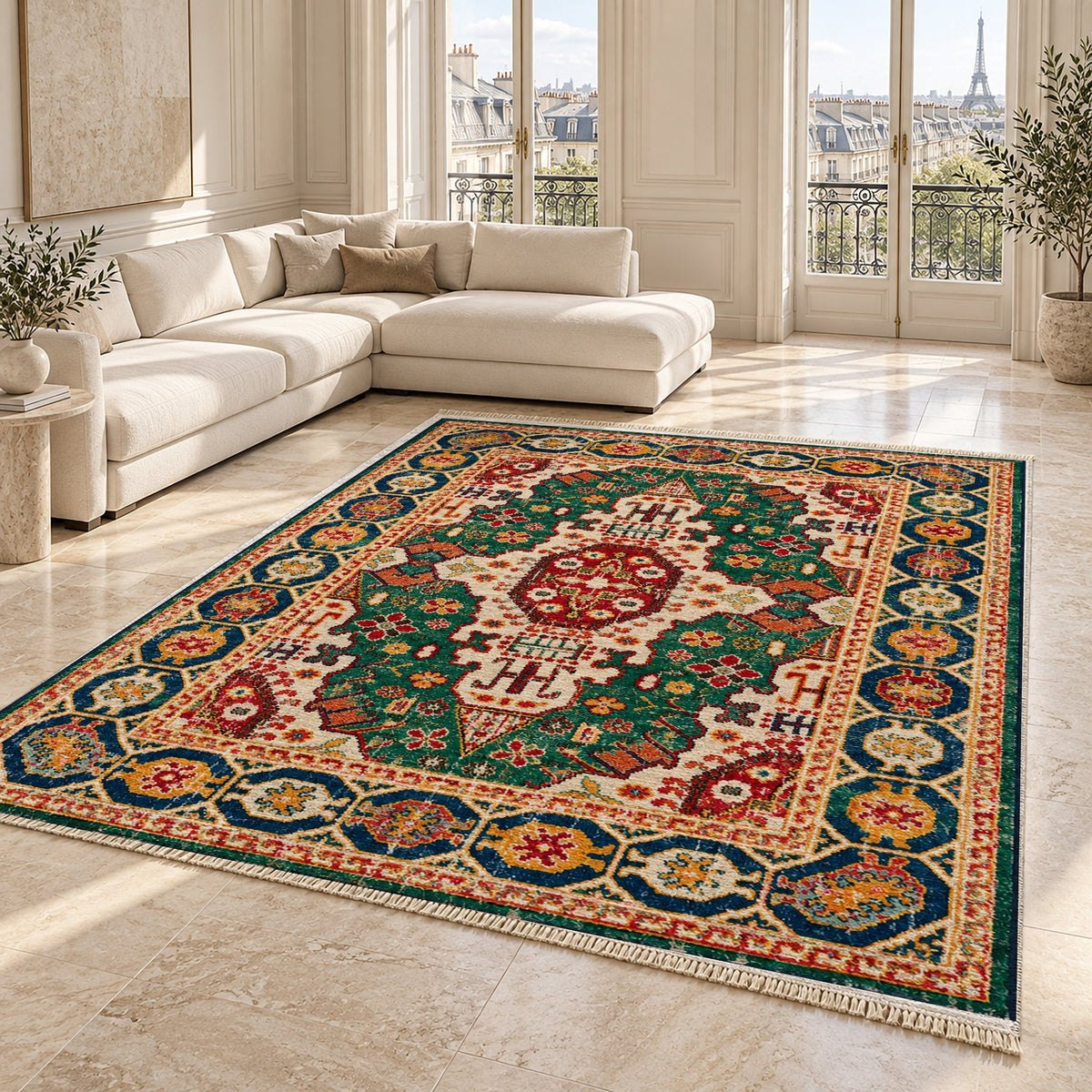 Vintage Medallion 7664 Emerald washable rug angled room view on marble