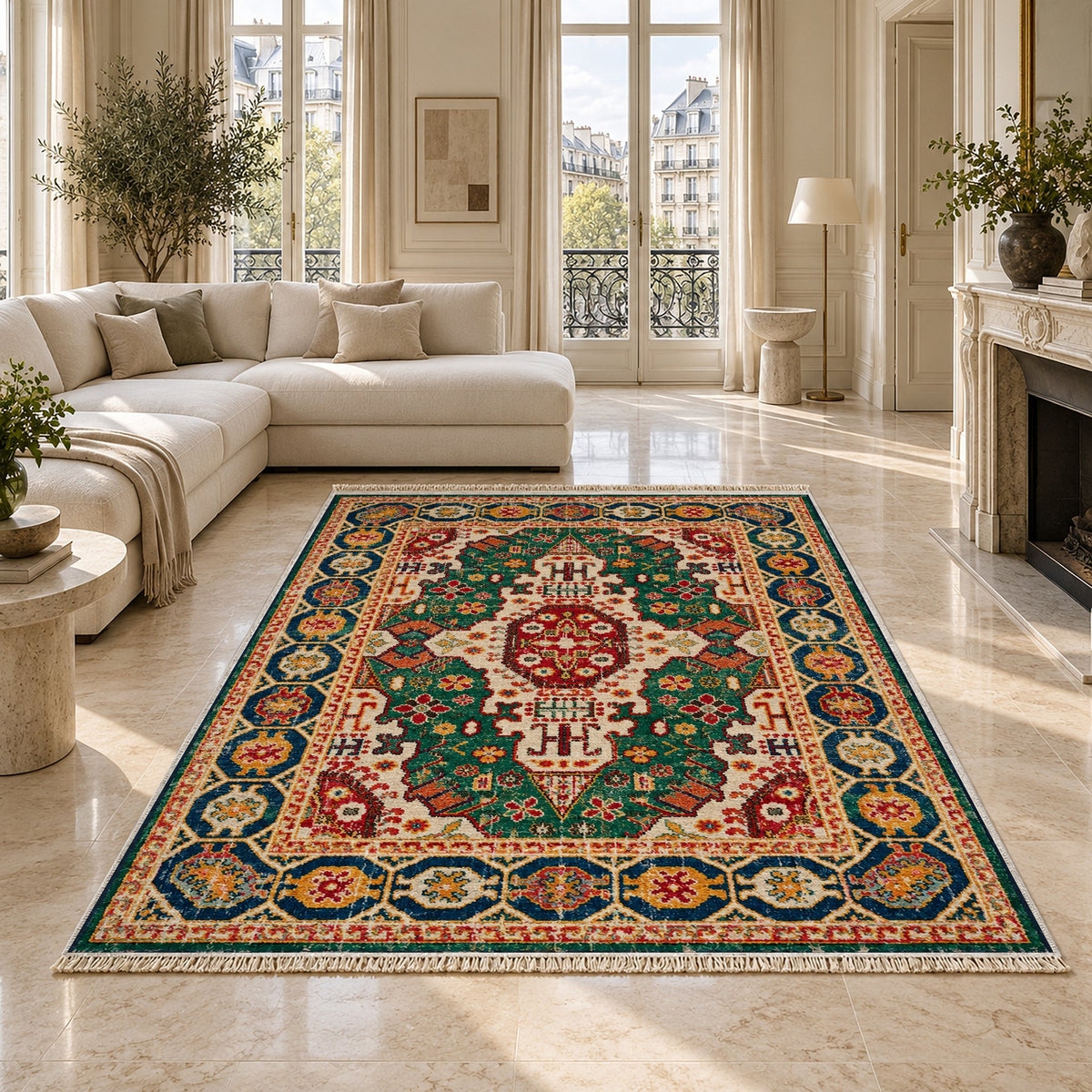 Vintage Medallion 7664 Emerald washable rug on a marble floor