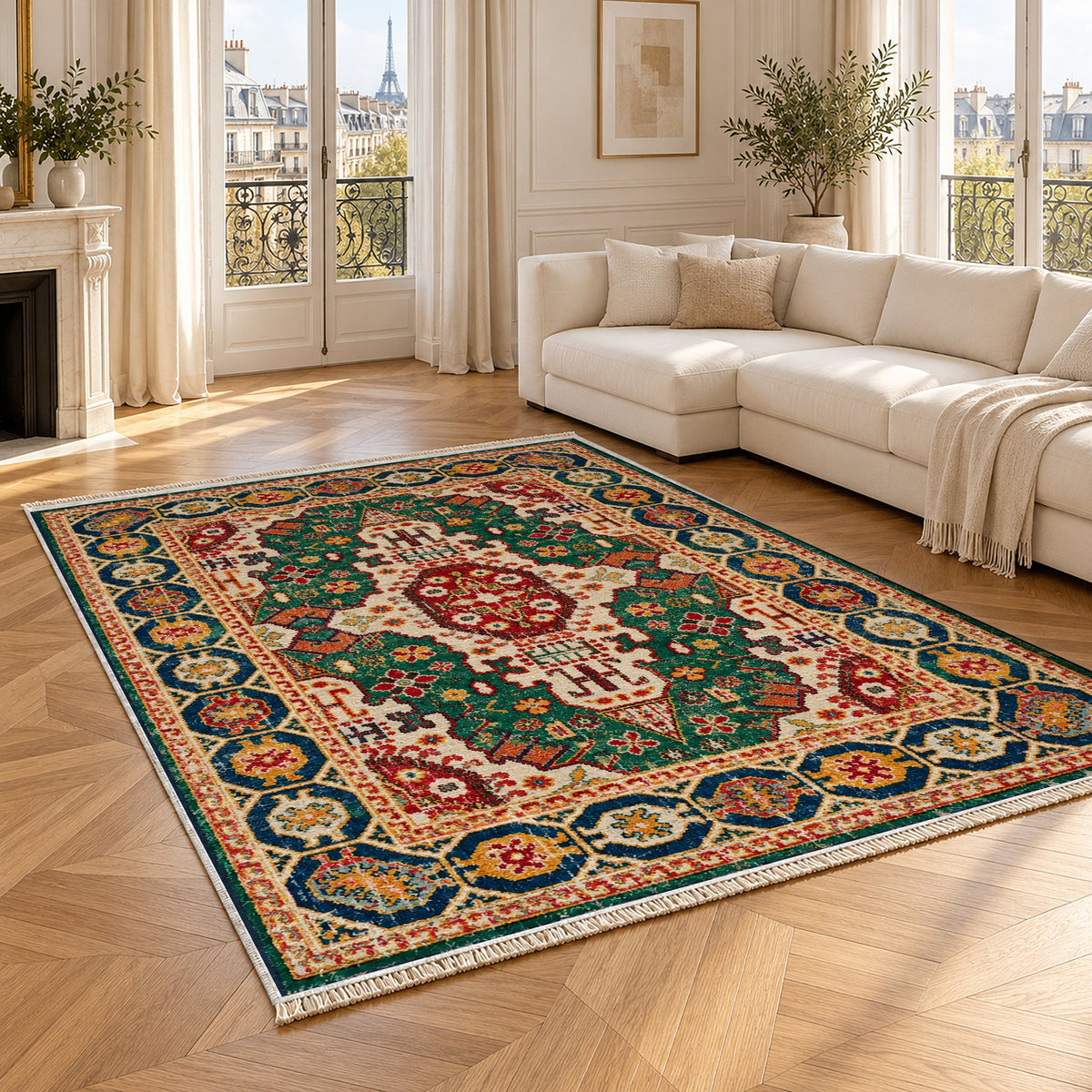 Vintage Medallion 7664 Emerald washable rug angled room view