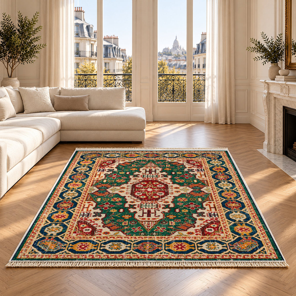 Vintage Medallion 7664 Emerald washable rug on an oak floor