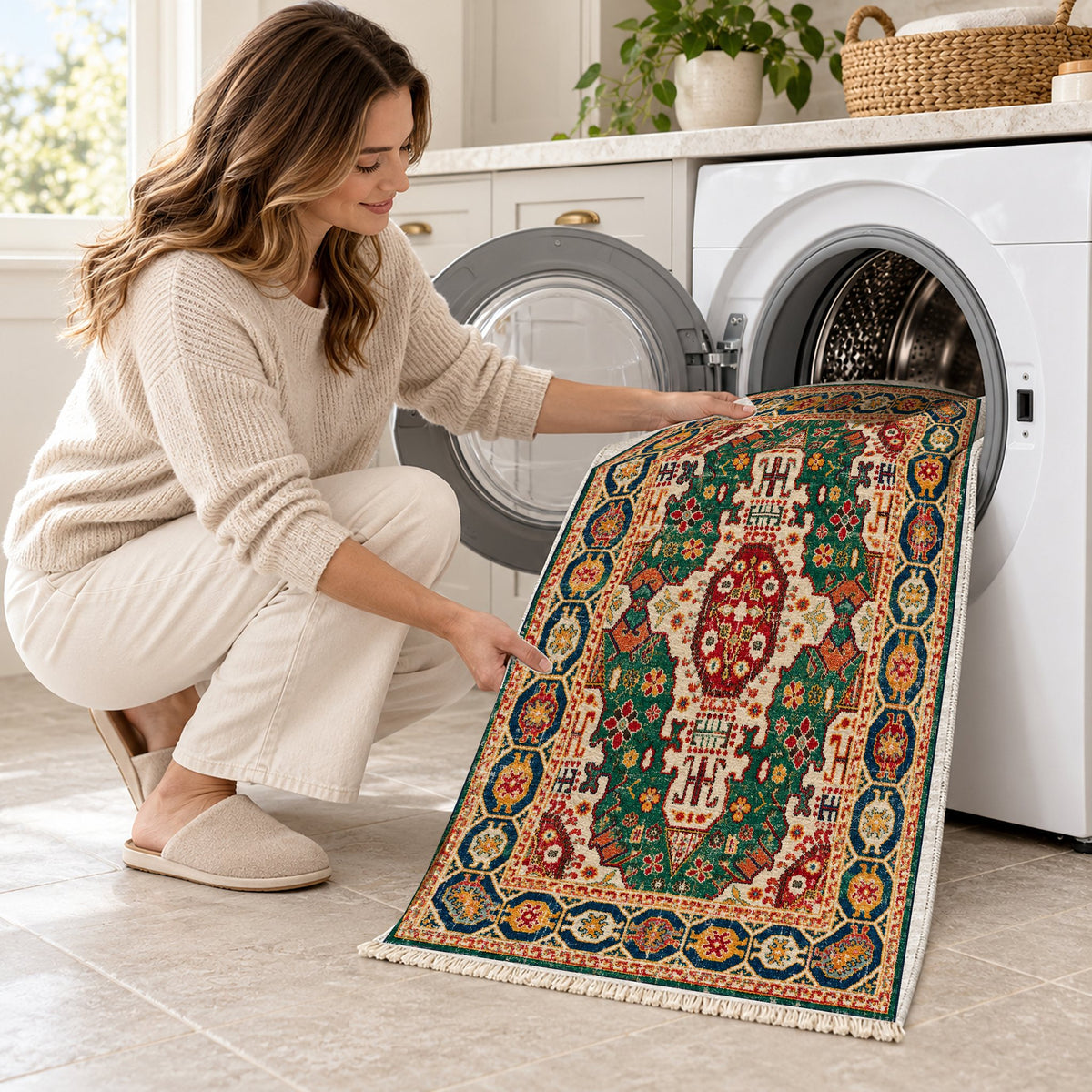 Vintage Medallion 7664 Emerald washable rug being loaded into a washing machine