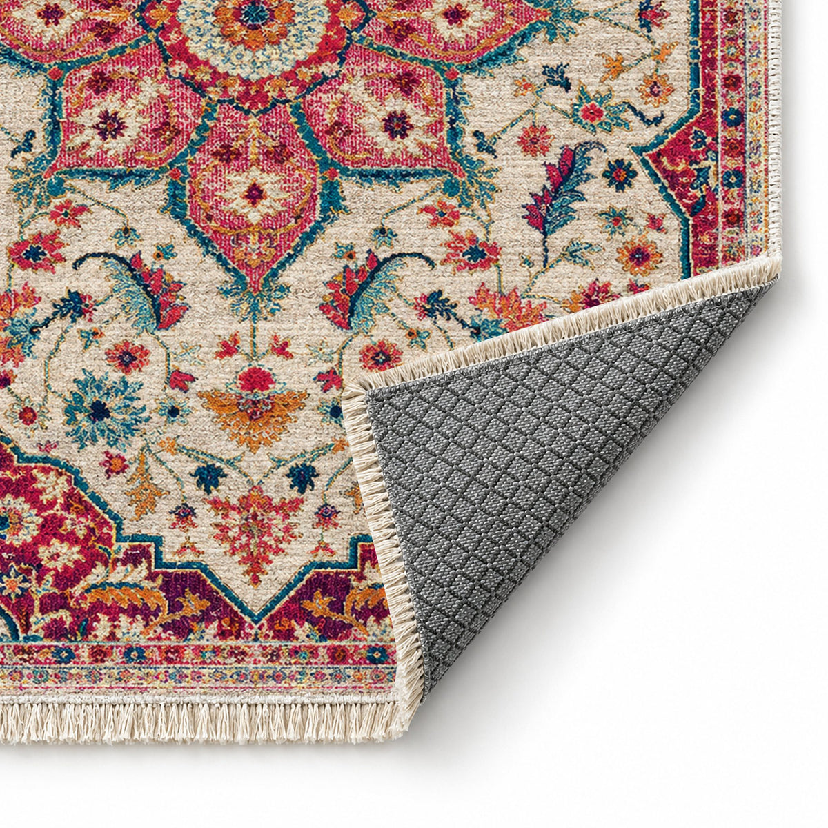 Vintage Medallion 7665 Aubergine washable rug folded corner showing the backing