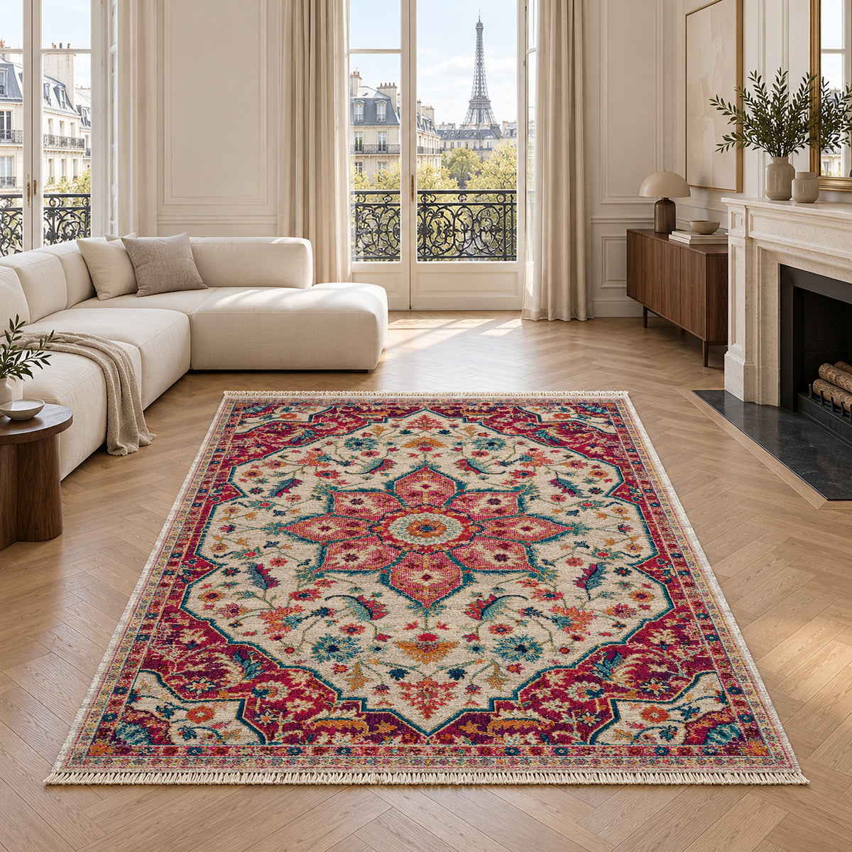 Vintage Medallion 7665 Aubergine washable rug in a living room with an Eiffel Tower view