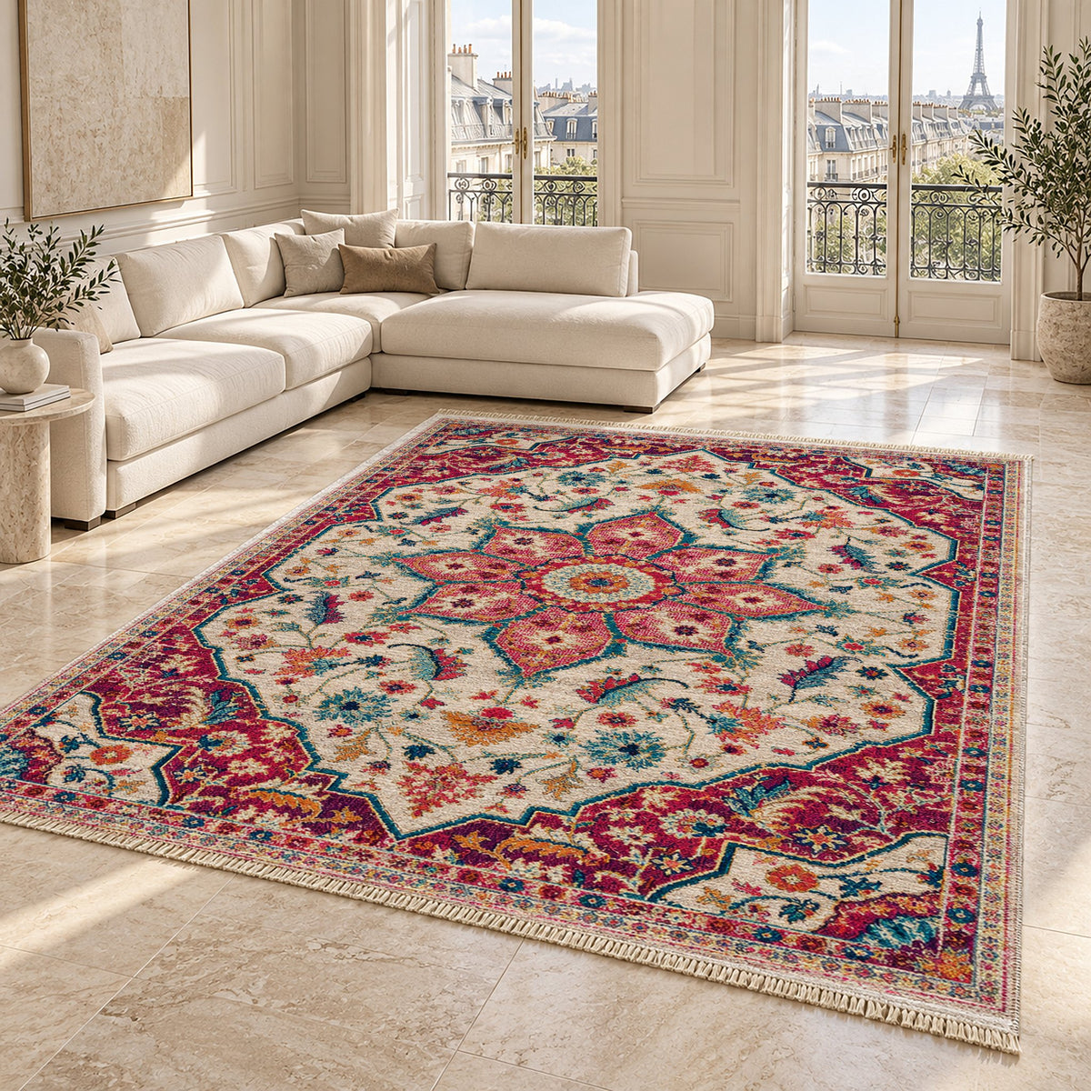 Vintage Medallion 7665 Aubergine washable rug angled room view on marble