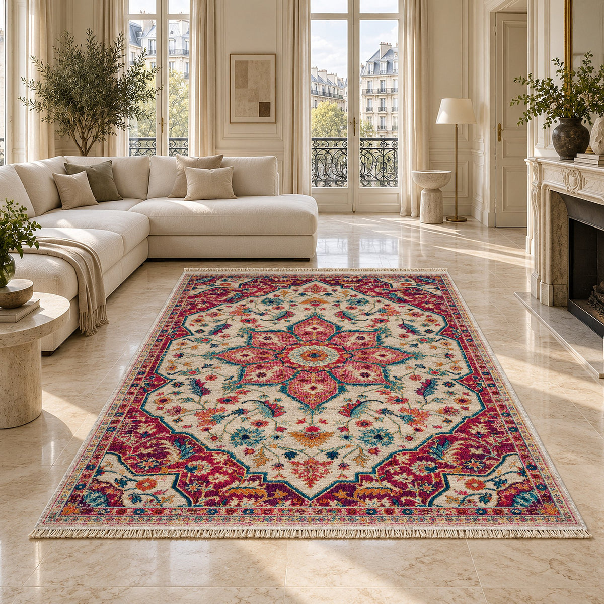 Vintage Medallion 7665 Aubergine washable rug on a marble floor