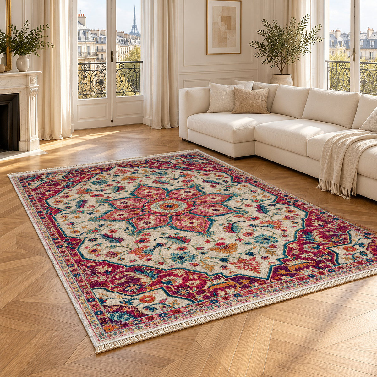 Vintage Medallion 7665 Aubergine washable rug angled room view