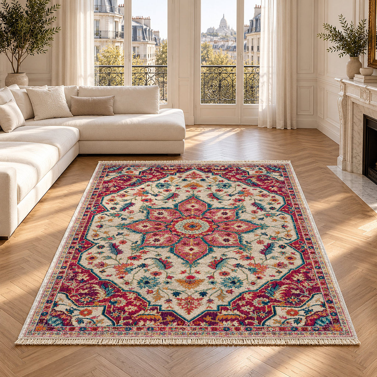 Vintage Medallion 7665 Aubergine washable rug in a Paris living room