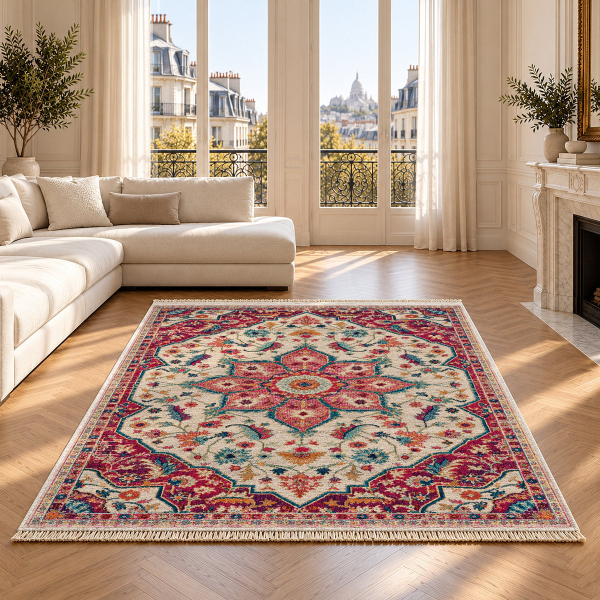 Vintage Medallion 7665 Aubergine washable rug on an oak floor