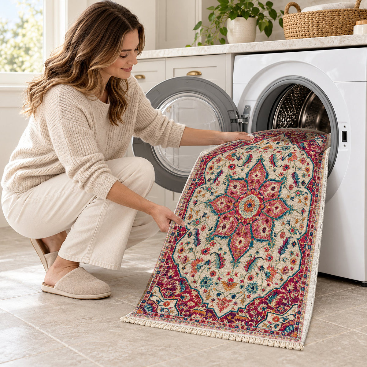 Vintage Medallion 7665 Aubergine washable rug being loaded into a washing machine