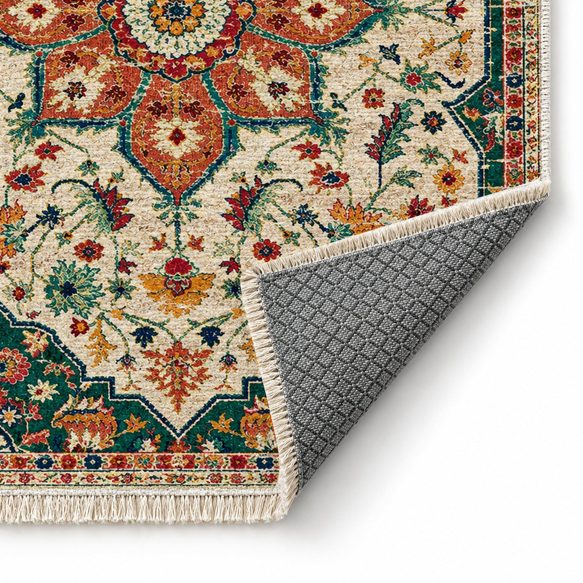 Vintage Medallion 7665 Emerald washable rug folded corner showing the backing