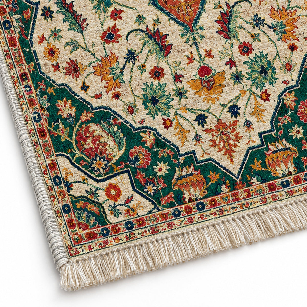 Vintage Medallion 7665 Emerald washable rug close-up of the printed chenille