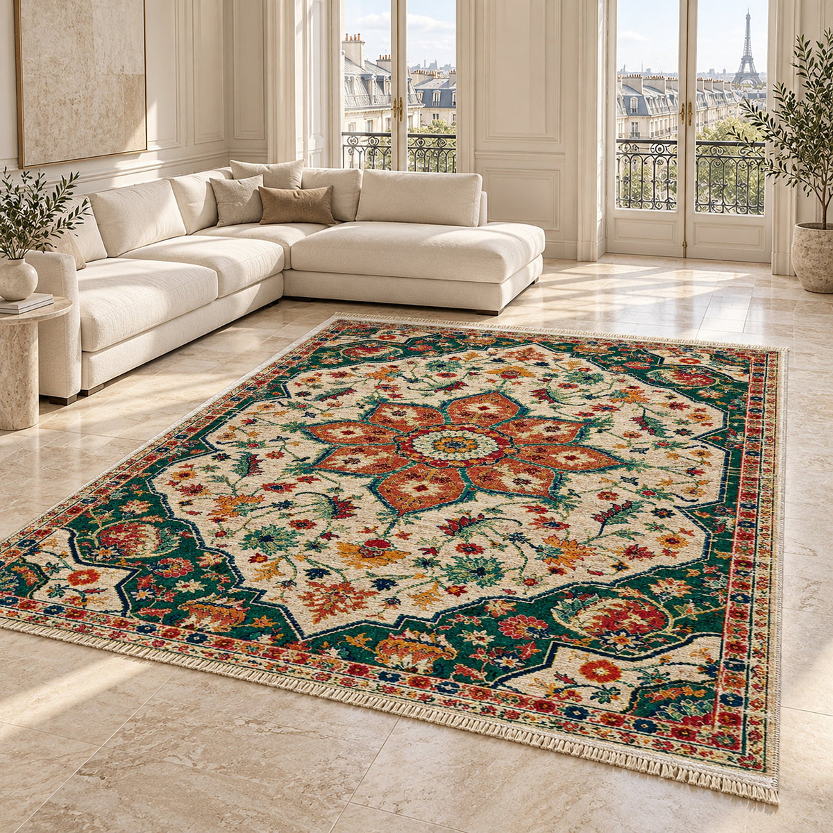 Vintage Medallion 7665 Emerald washable rug angled room view on marble