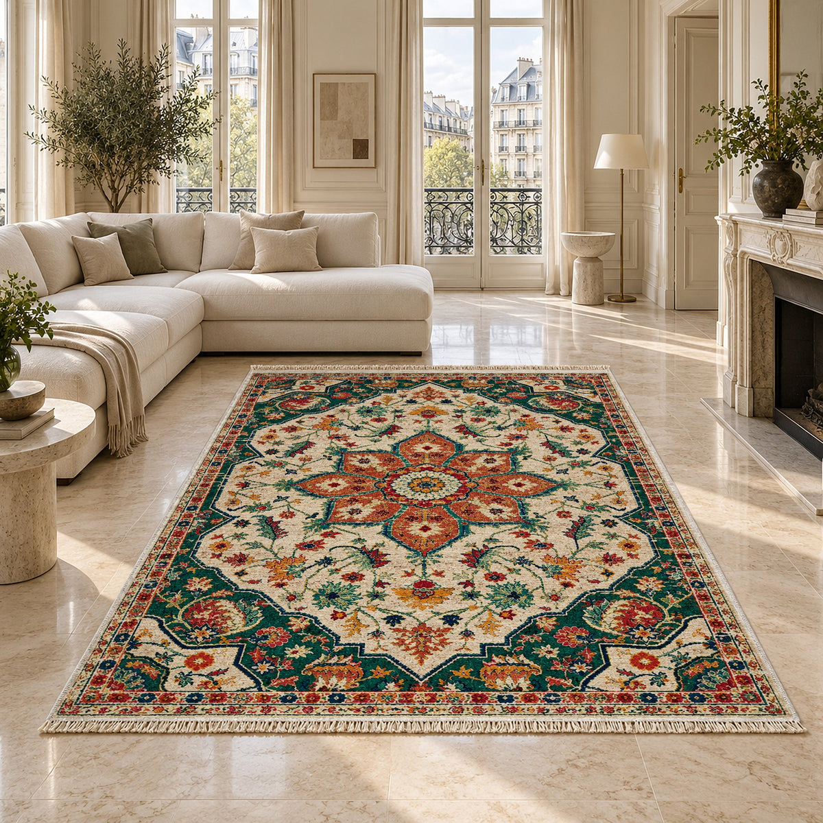 Vintage Medallion 7665 Emerald washable rug on a marble floor