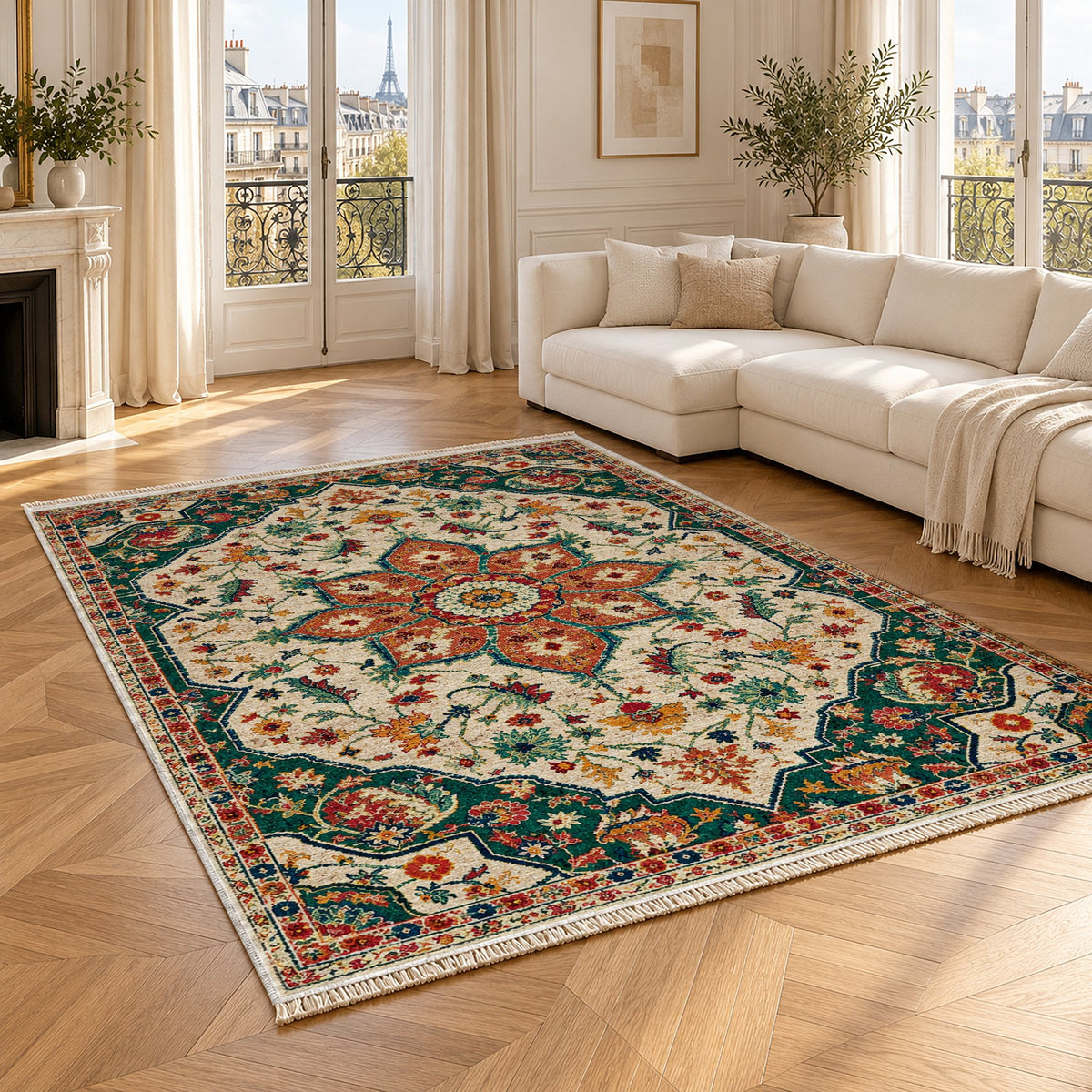 Vintage Medallion 7665 Emerald washable rug angled room view
