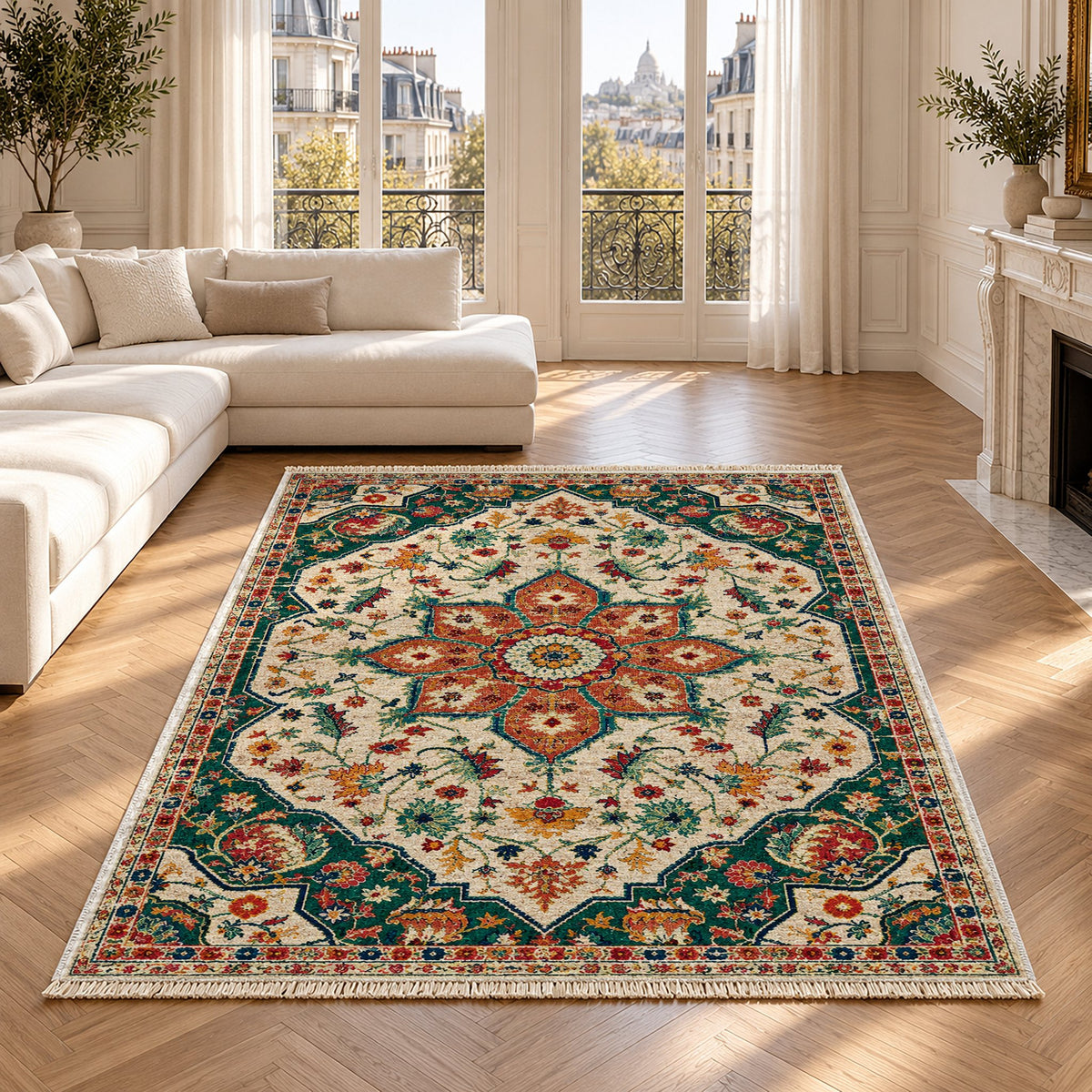 Vintage Medallion 7665 Emerald washable rug in a Paris living room