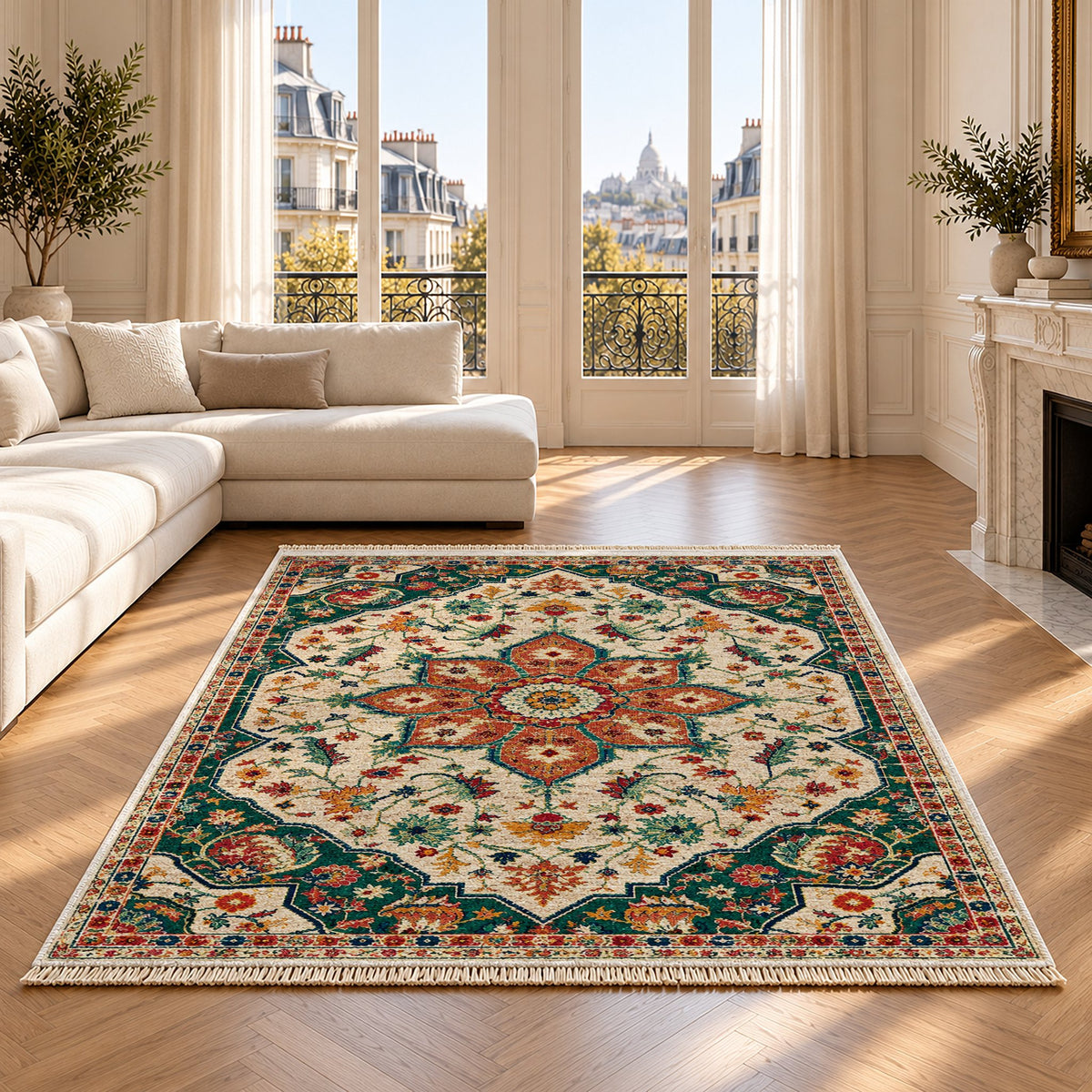 Vintage Medallion 7665 Emerald washable rug on an oak floor