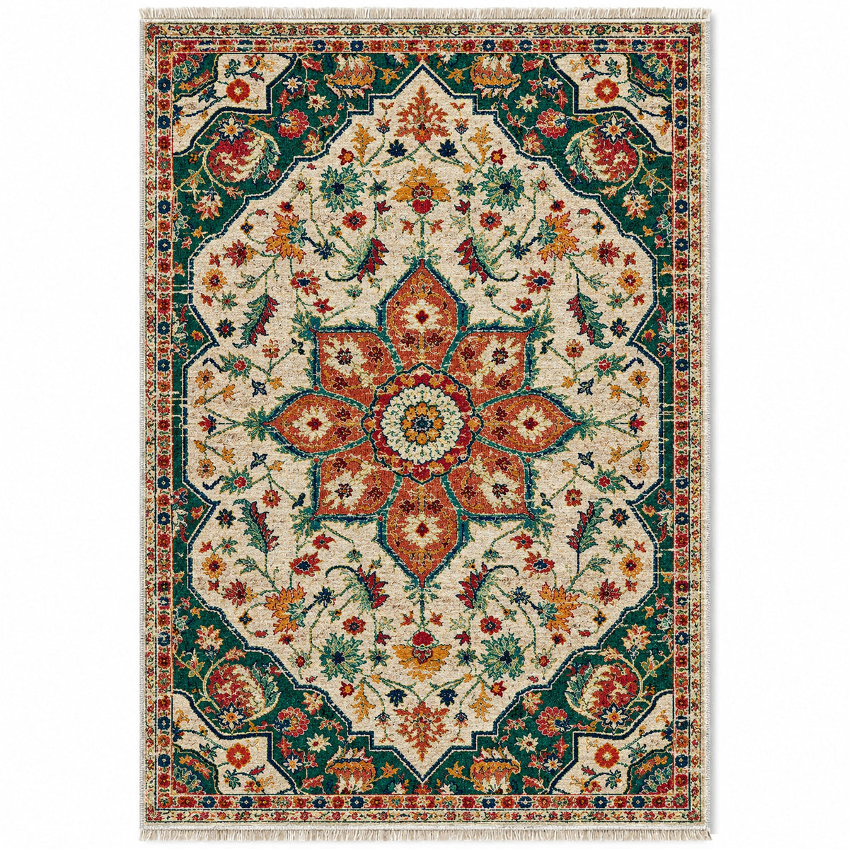 Vintage Medallion 7665 Emerald washable rug top view