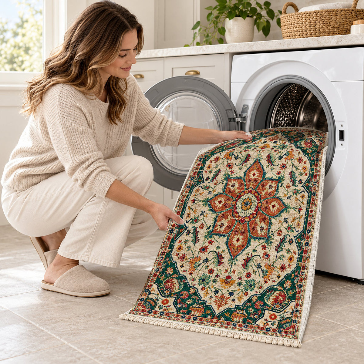 Vintage Medallion 7665 Emerald washable rug being loaded into a washing machine