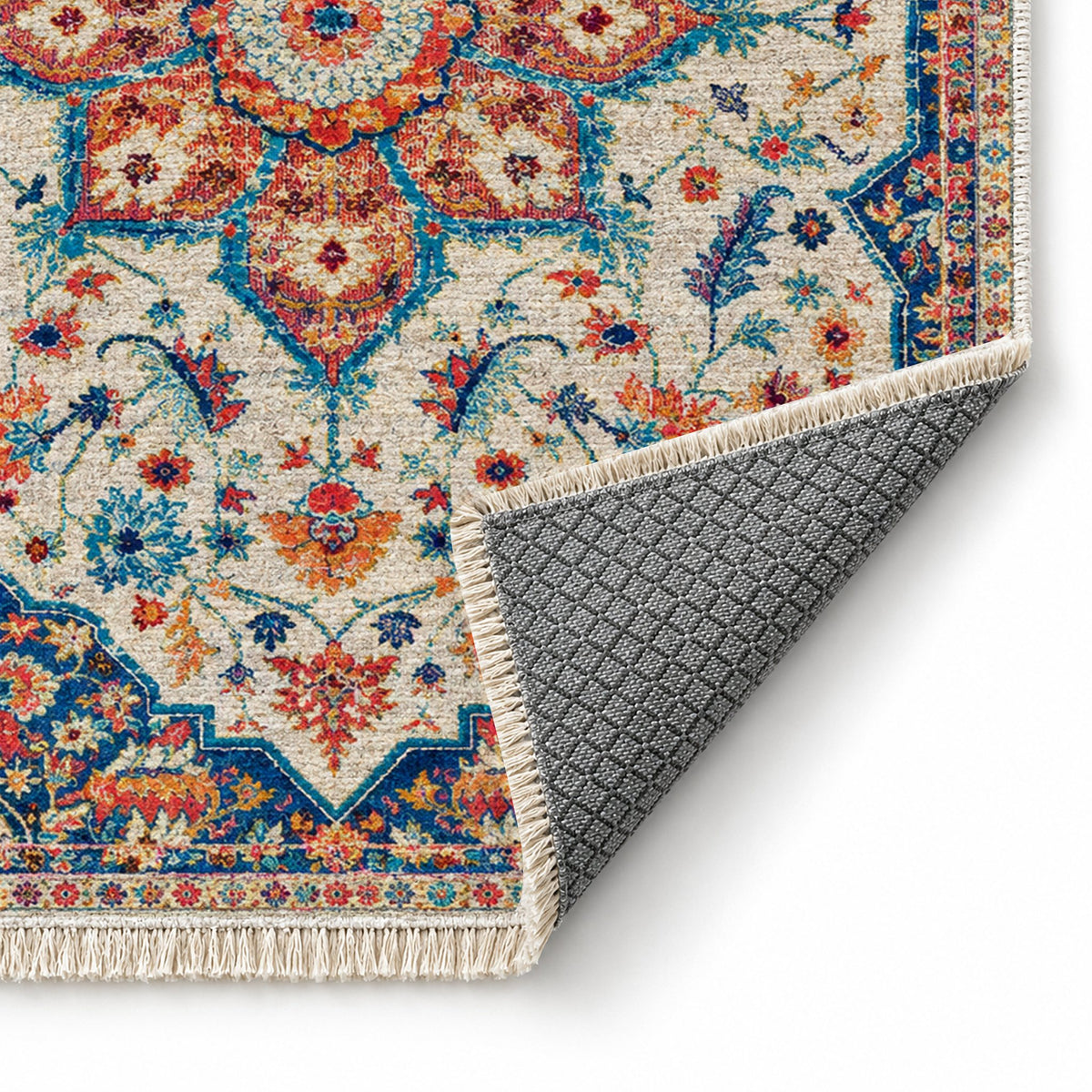 Vintage Medallion 7665 Sapphire washable rug folded corner showing the backing