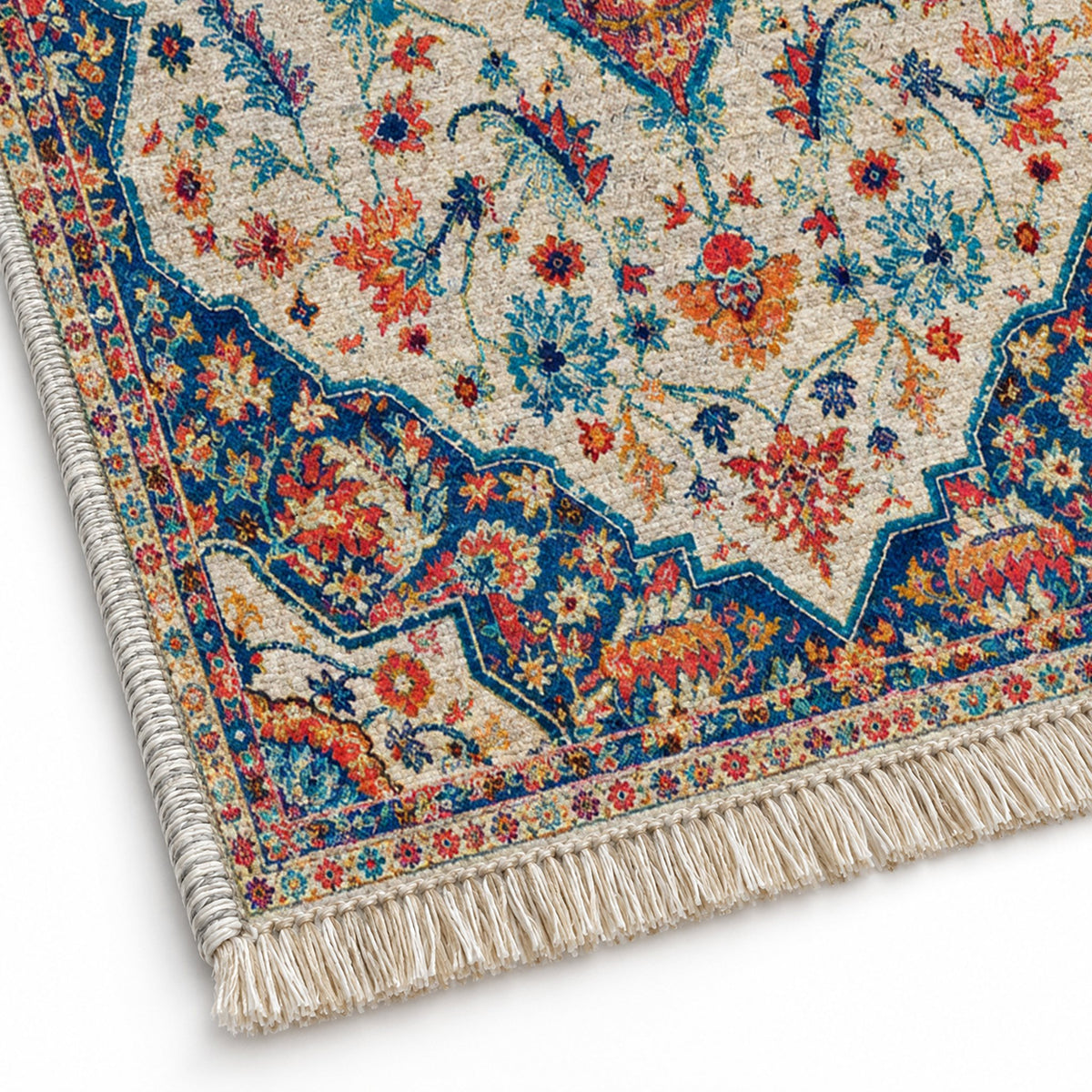 Vintage Medallion 7665 Sapphire washable rug close-up of the printed chenille