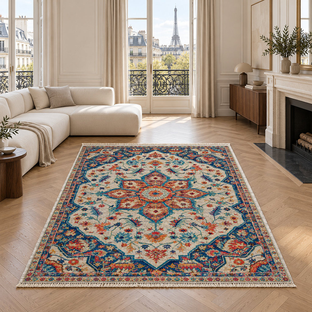 Vintage Medallion 7665 Sapphire washable rug in a living room with an Eiffel Tower view