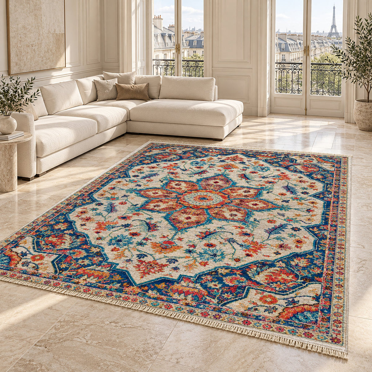 Vintage Medallion 7665 Sapphire washable rug angled room view on marble