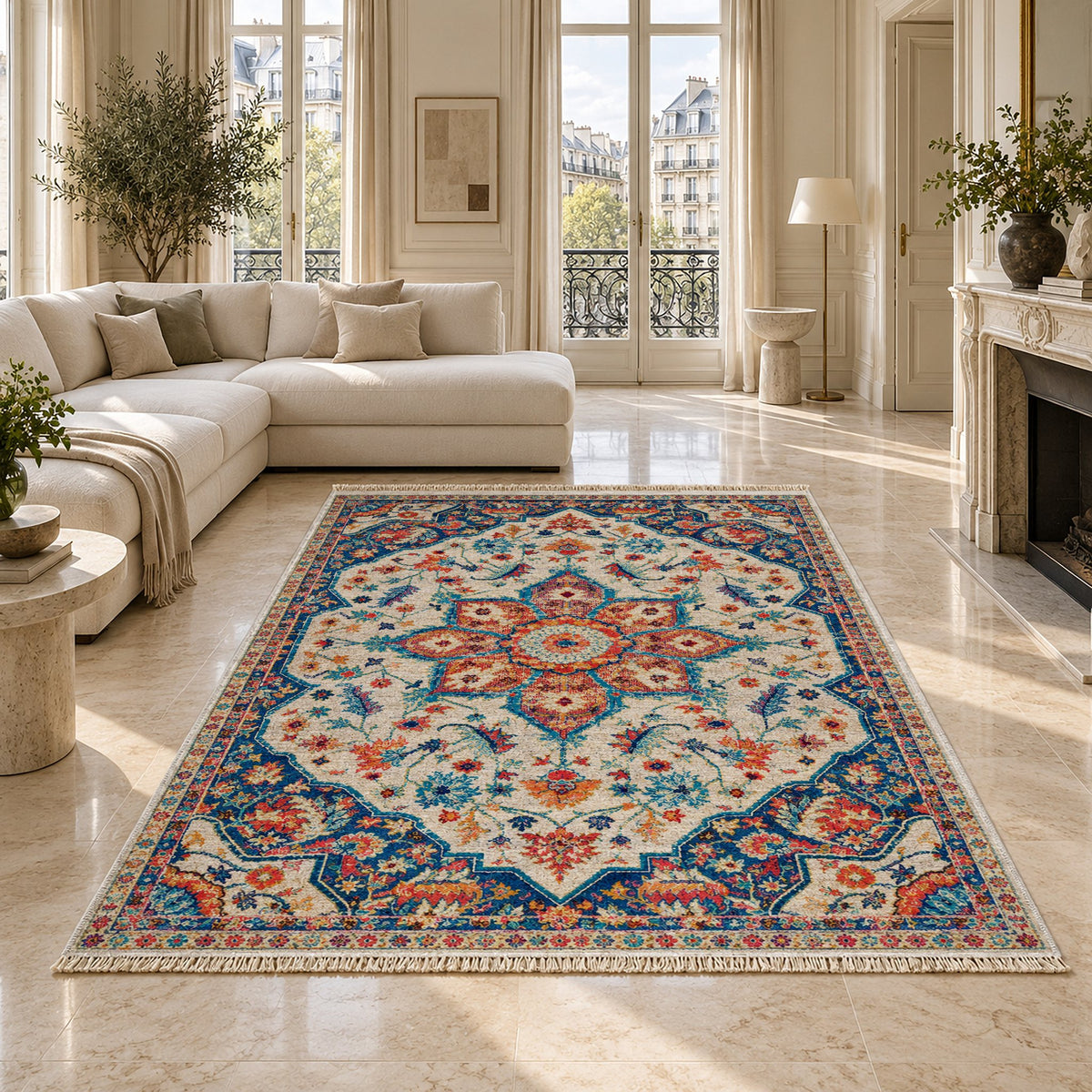 Vintage Medallion 7665 Sapphire washable rug on a marble floor