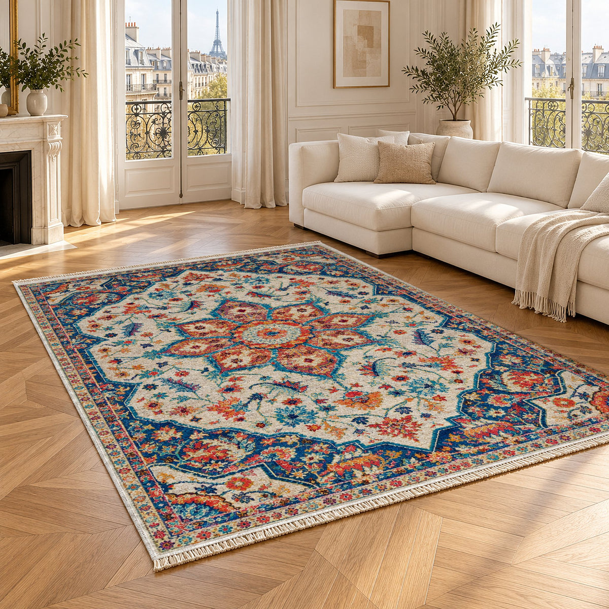 Vintage Medallion 7665 Sapphire washable rug angled room view