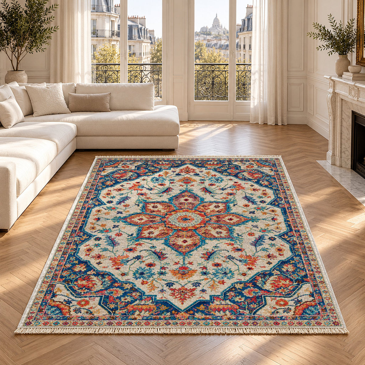 Vintage Medallion 7665 Sapphire washable rug in a Paris living room