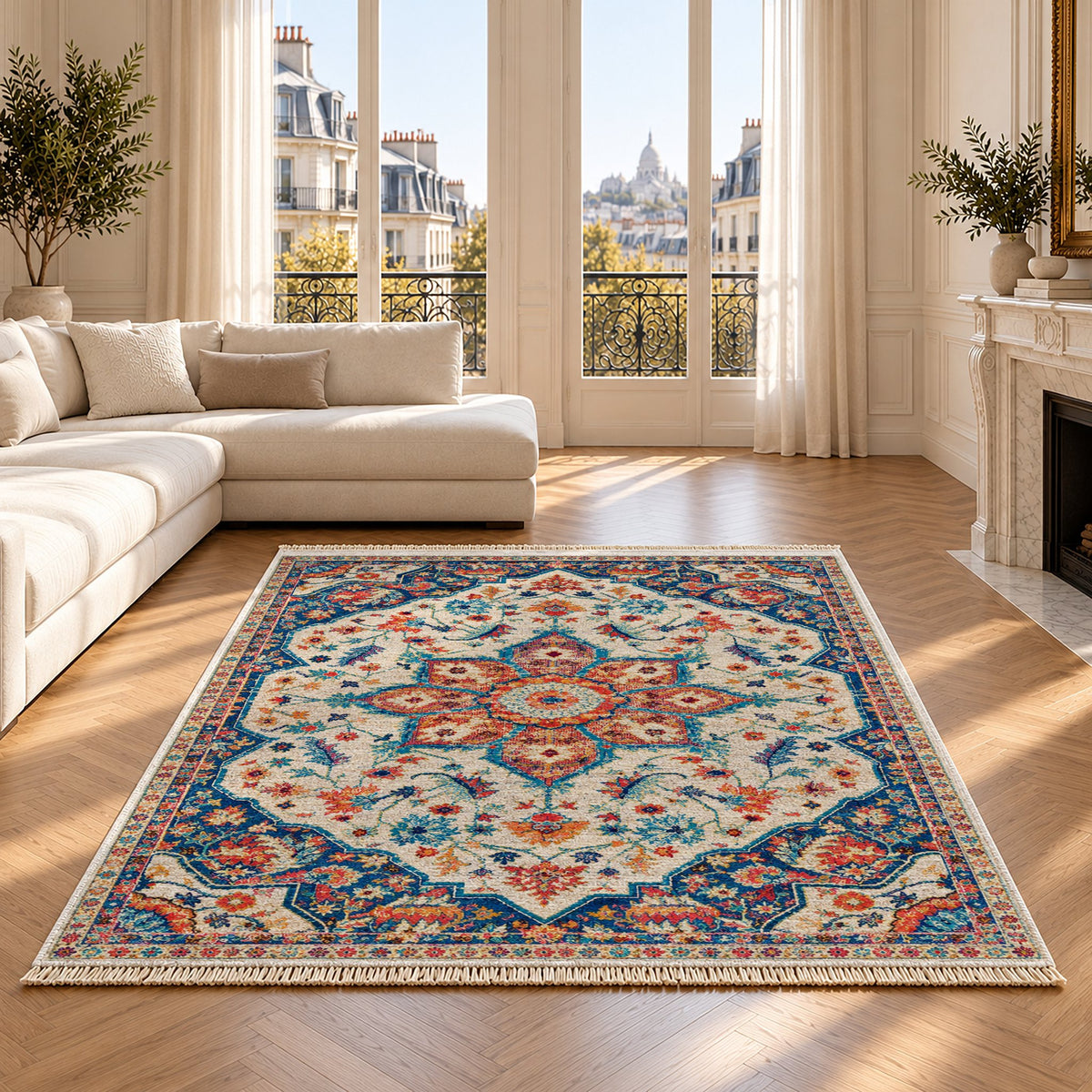Vintage Medallion 7665 Sapphire washable rug on an oak floor