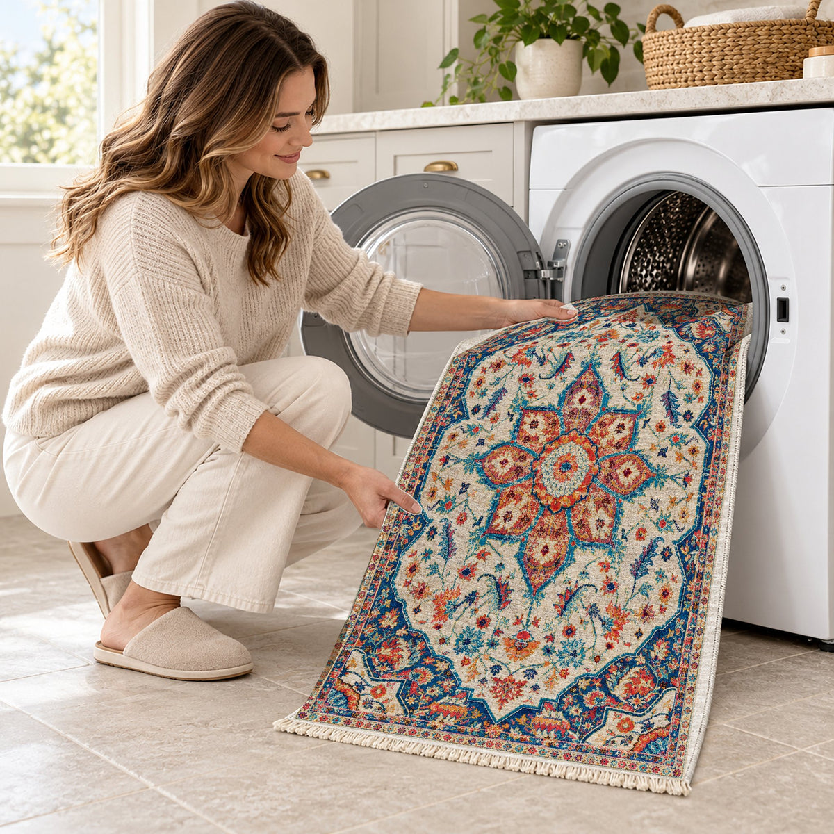 Vintage Medallion 7665 Sapphire washable rug being loaded into a washing machine