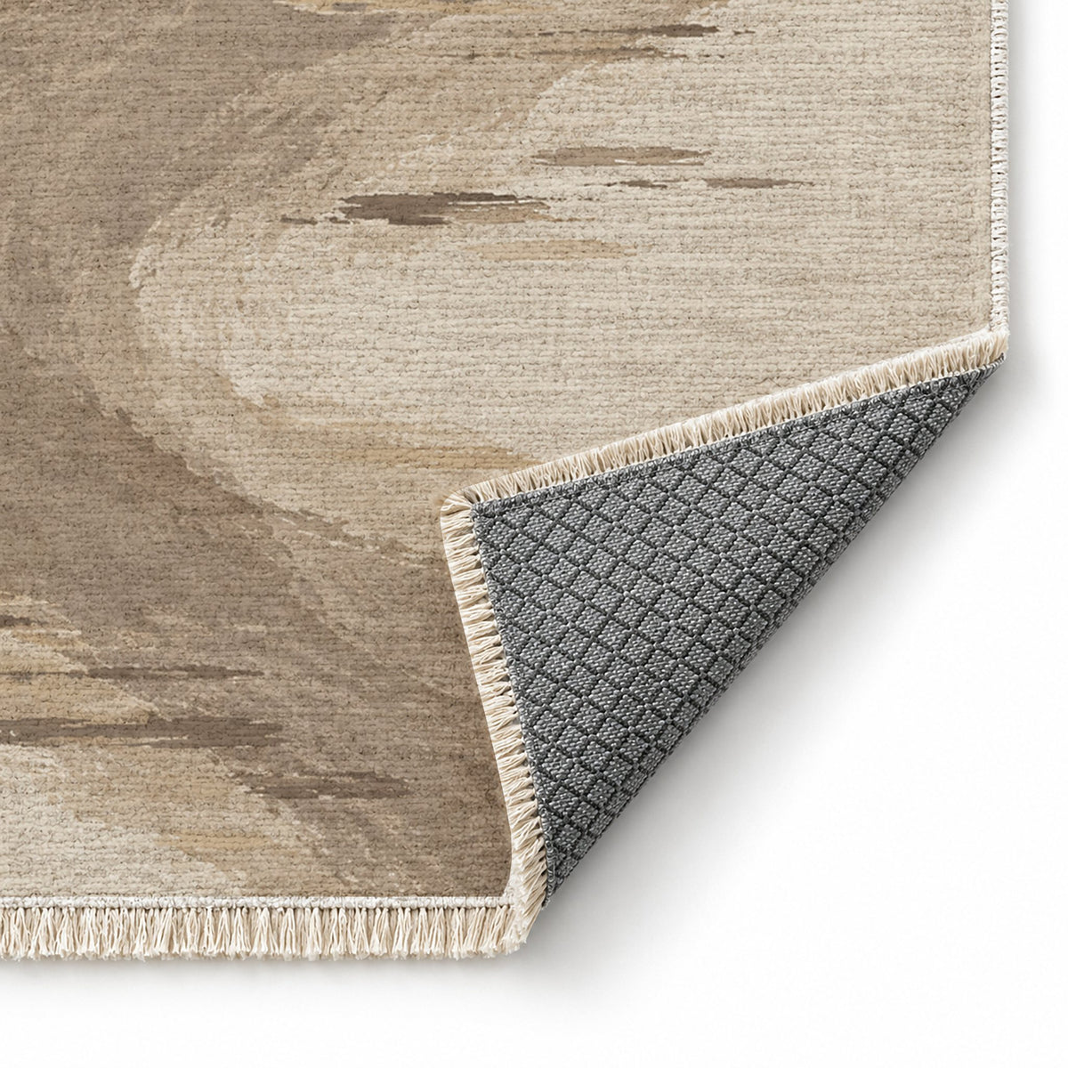 Waterline Ivory & Taupe washable rug folded corner showing the backing