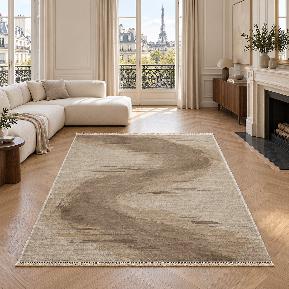 Waterline Ivory & Taupe washable rug in a living room with an Eiffel Tower view
