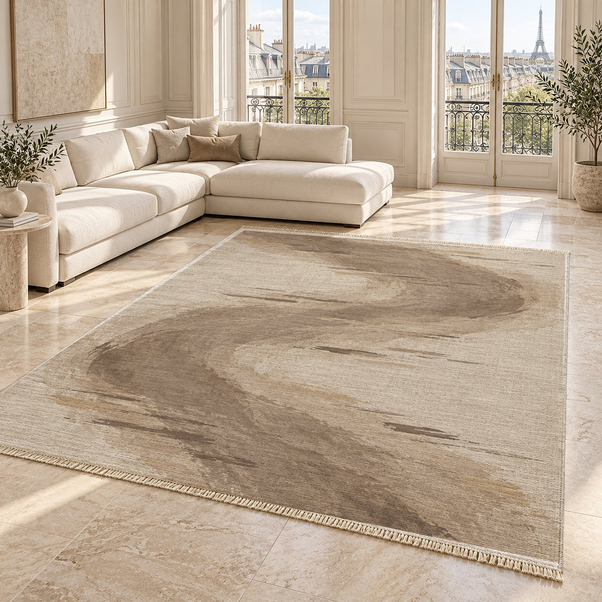 Waterline Ivory & Taupe washable rug angled room view on marble