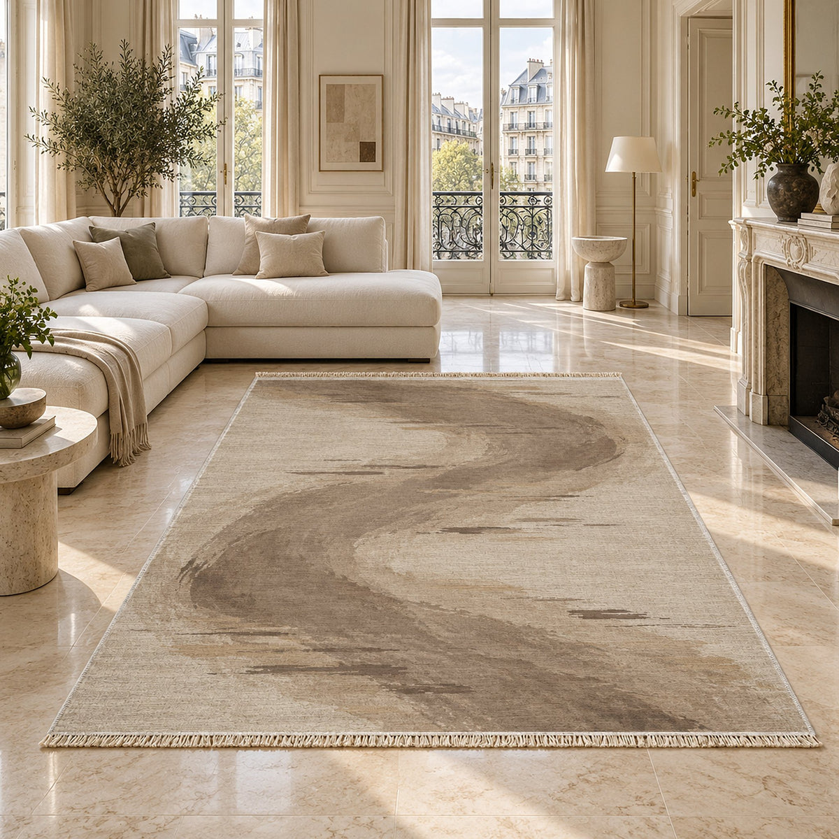 Waterline Ivory & Taupe washable rug on a marble floor